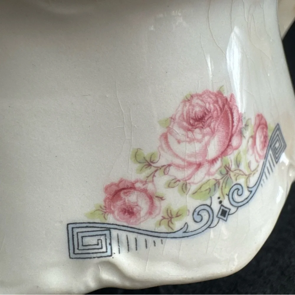 Rare 1941 Homer Laughlin Creamer Pitcher 3 Pink Peonies w/ Blue Geometric Scroll